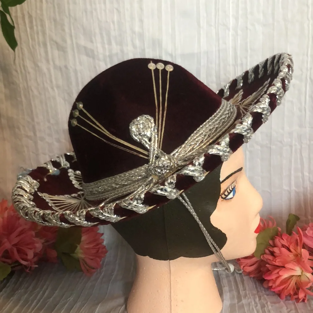SALAZAR YEPEZ HATS maroon & silver beaded Mexican childs hat w/adjust neck strap